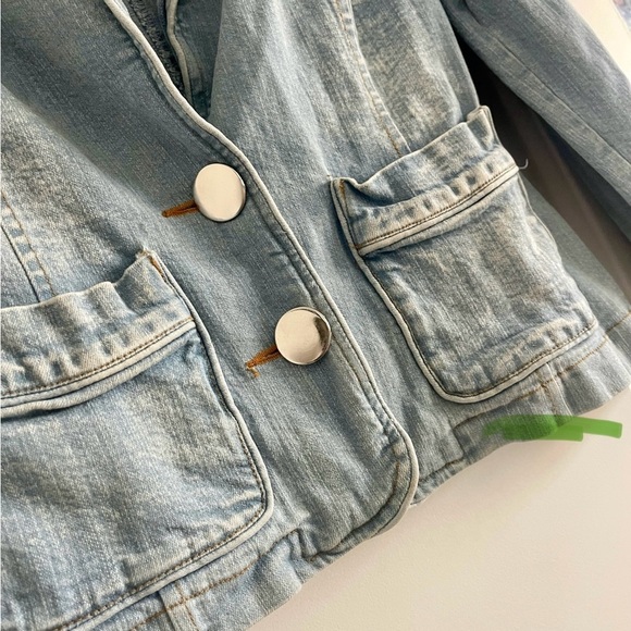 OXYGENE Women’s Light Blue Pockets 2 Button Tapered Fitted Jean Jacket-Size 1/2‎ - Picture 5 of 6